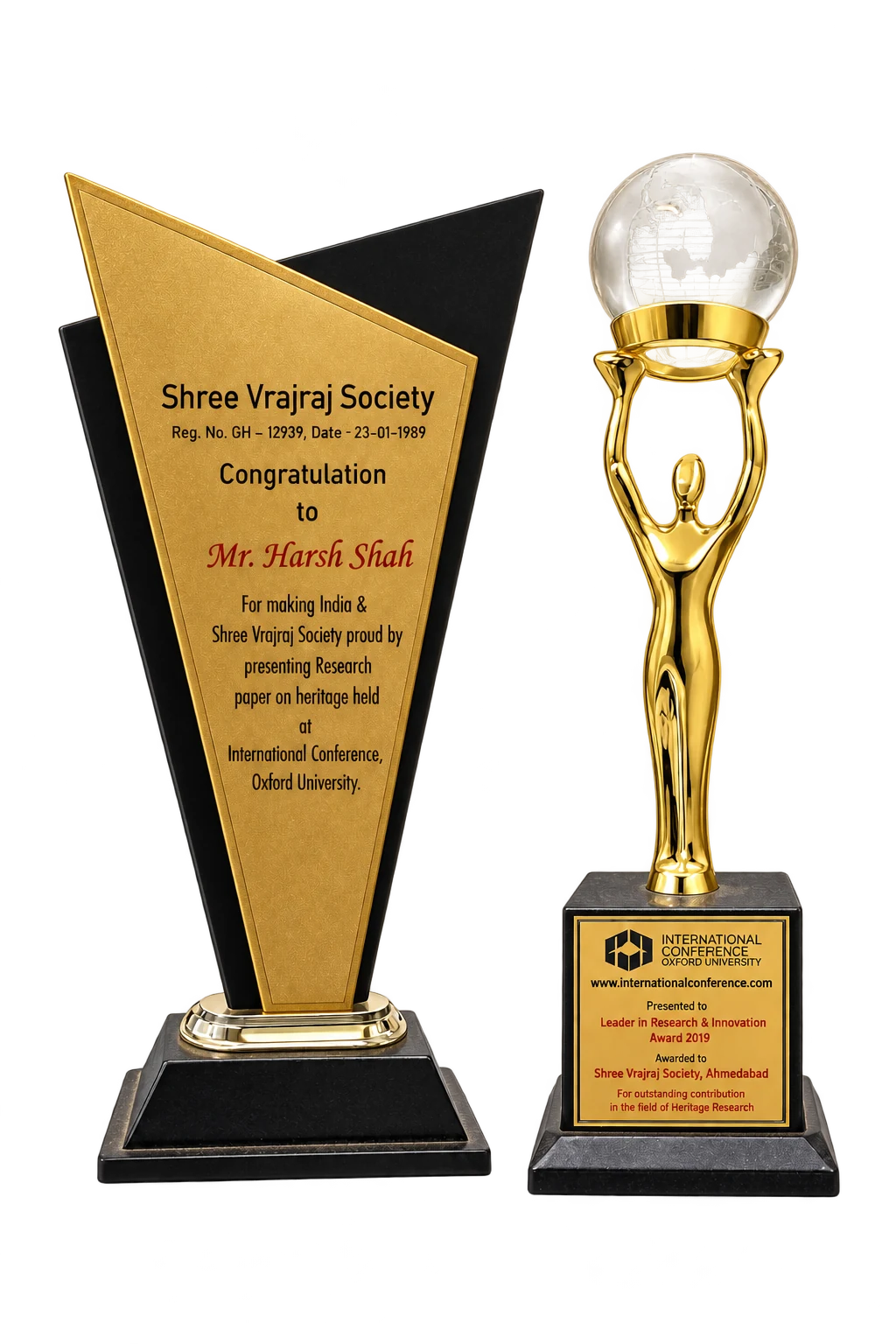 Heritage research recognition plaque for Harsh Shah and a 2019 trophy inscribed to Shree Vrajraj Society