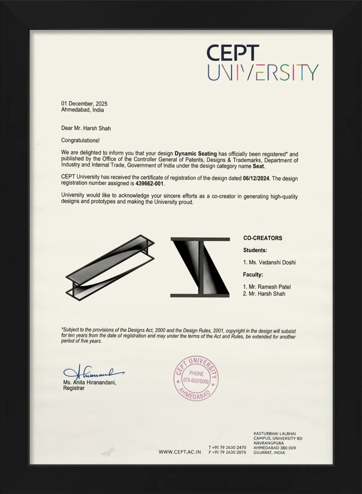 Dynamic Seating — registered design — Vedanshi Doshi, Ramesh Patel & Harsh Shah