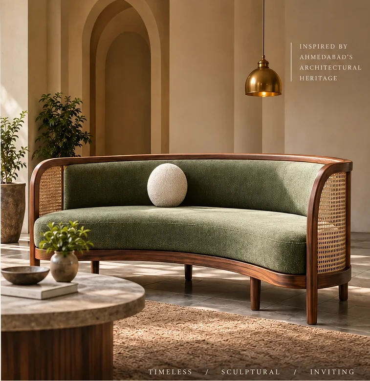 The Jharokha Sofa styled in a room
