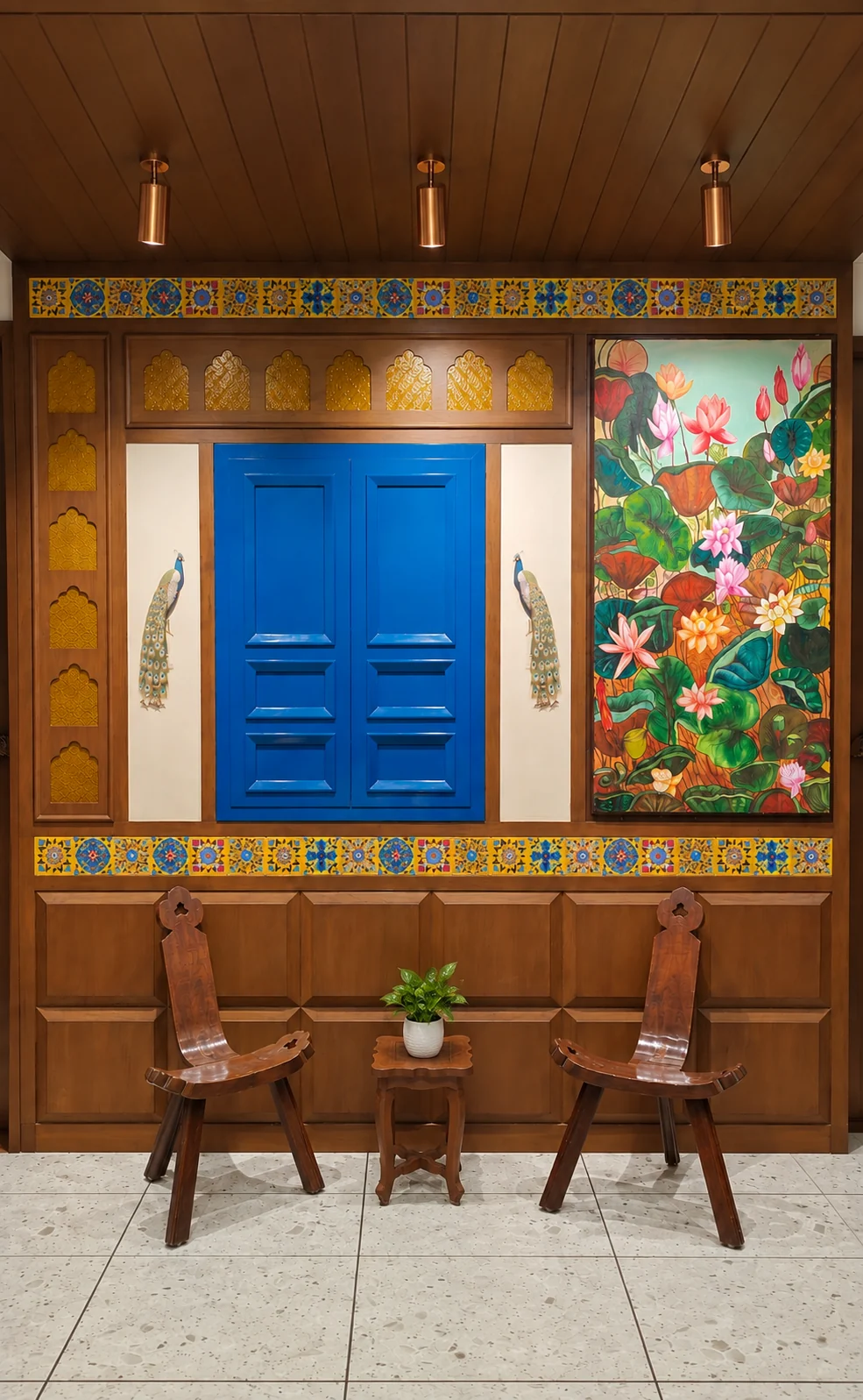 A blue door framed by colourful Indian artwork and timber at Aavran